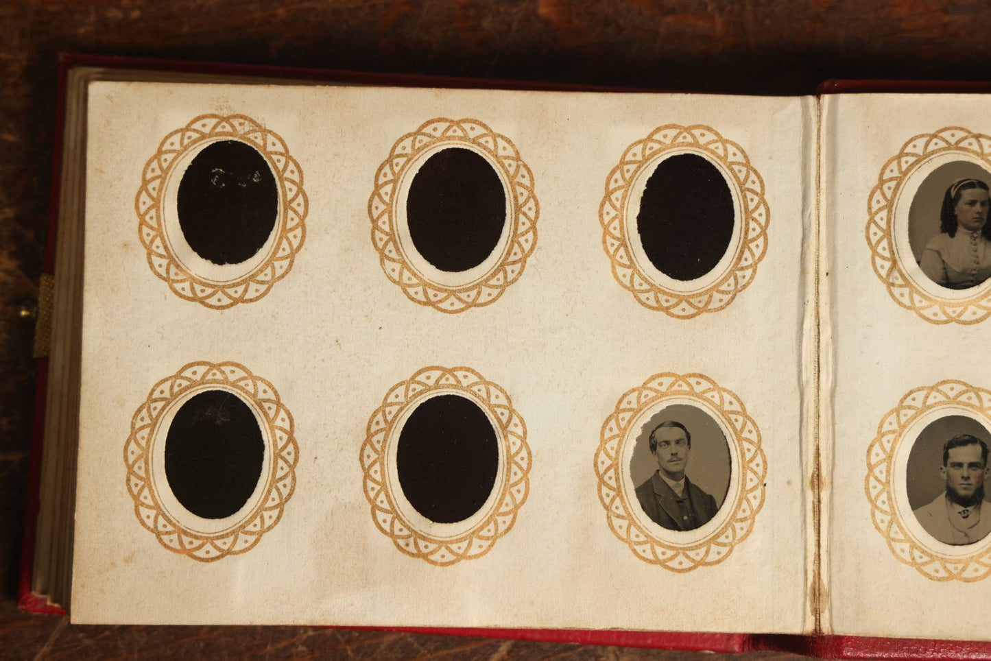 Lot 013 - Antique Gem Tintype Photo Album, Nearly Completely Full, With 90+ Photographs, Album Copyright 1867 By Remick & Rice, Includes Back Turned Photo, Filler Gems