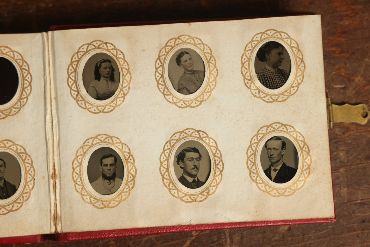 Lot 013 - Antique Gem Tintype Photo Album, Nearly Completely Full, With 90+ Photographs, Album Copyright 1867 By Remick & Rice, Includes Back Turned Photo, Filler Gems