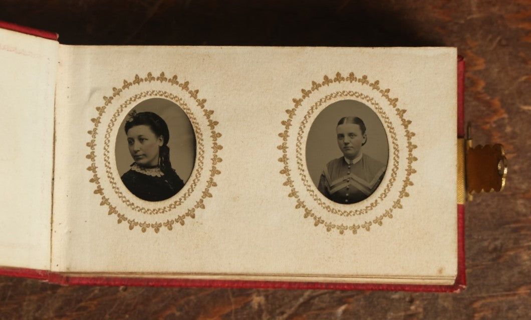 Lot 014 - Antique Gem Tintype Photo Album, Belonging To Ella Lo Whitney, From Her Teacher Sarah Barnard, Completely Full Containing 48 Photographs, Gold Embellishments On Cover