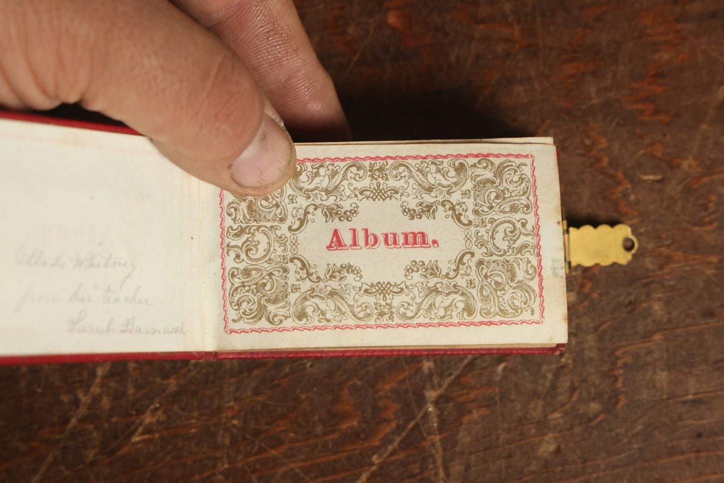 Lot 014 - Antique Gem Tintype Photo Album, Belonging To Ella Lo Whitney, From Her Teacher Sarah Barnard, Completely Full Containing 48 Photographs, Gold Embellishments On Cover