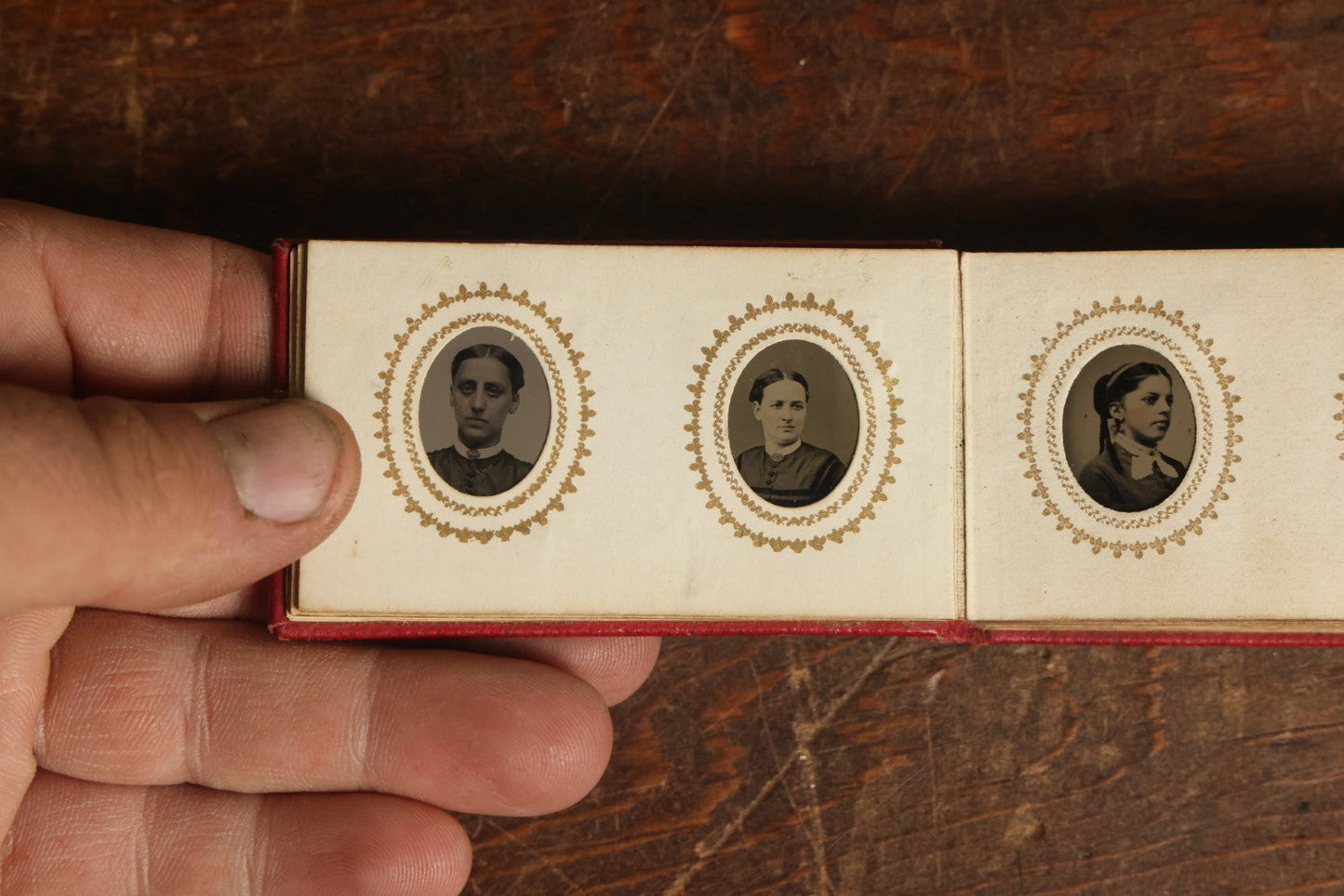 Lot 014 - Antique Gem Tintype Photo Album, Belonging To Ella Lo Whitney, From Her Teacher Sarah Barnard, Completely Full Containing 48 Photographs, Gold Embellishments On Cover