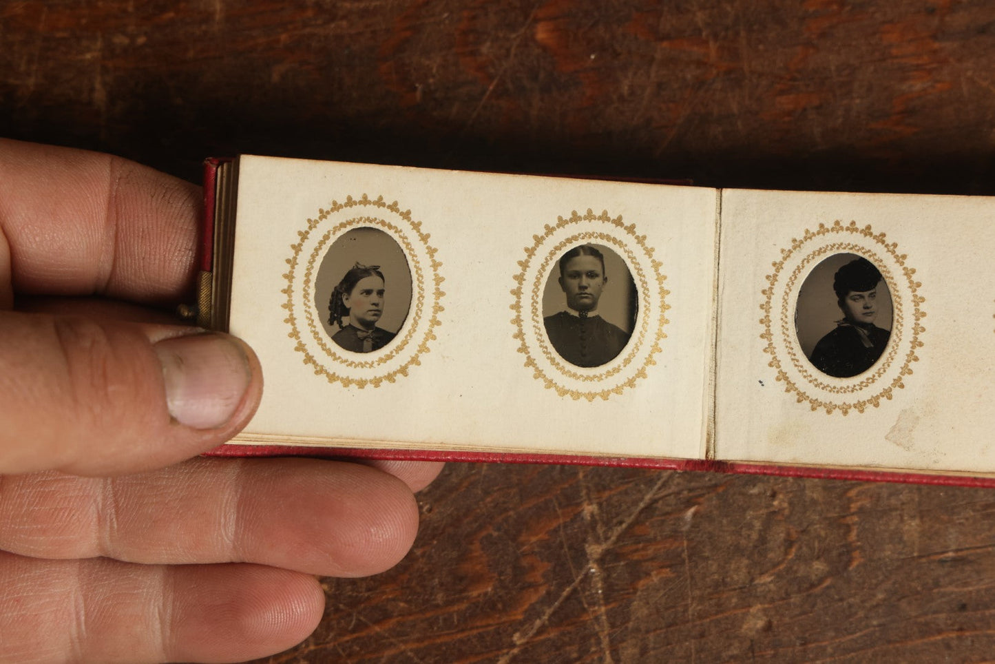 Lot 014 - Antique Gem Tintype Photo Album, Belonging To Ella Lo Whitney, From Her Teacher Sarah Barnard, Completely Full Containing 48 Photographs, Gold Embellishments On Cover