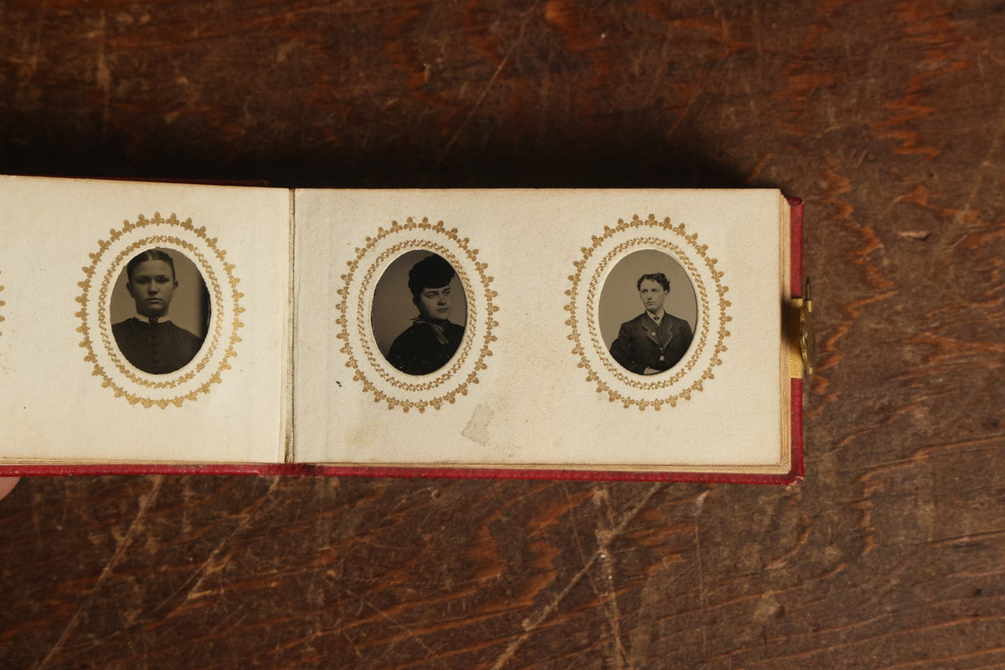 Lot 014 - Antique Gem Tintype Photo Album, Belonging To Ella Lo Whitney, From Her Teacher Sarah Barnard, Completely Full Containing 48 Photographs, Gold Embellishments On Cover