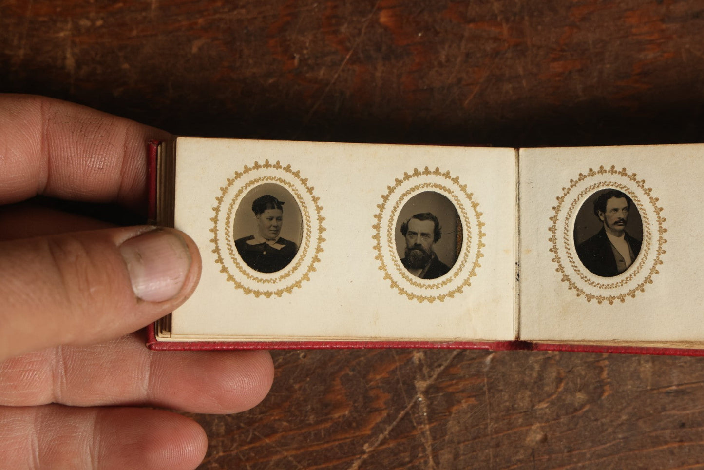 Lot 014 - Antique Gem Tintype Photo Album, Belonging To Ella Lo Whitney, From Her Teacher Sarah Barnard, Completely Full Containing 48 Photographs, Gold Embellishments On Cover