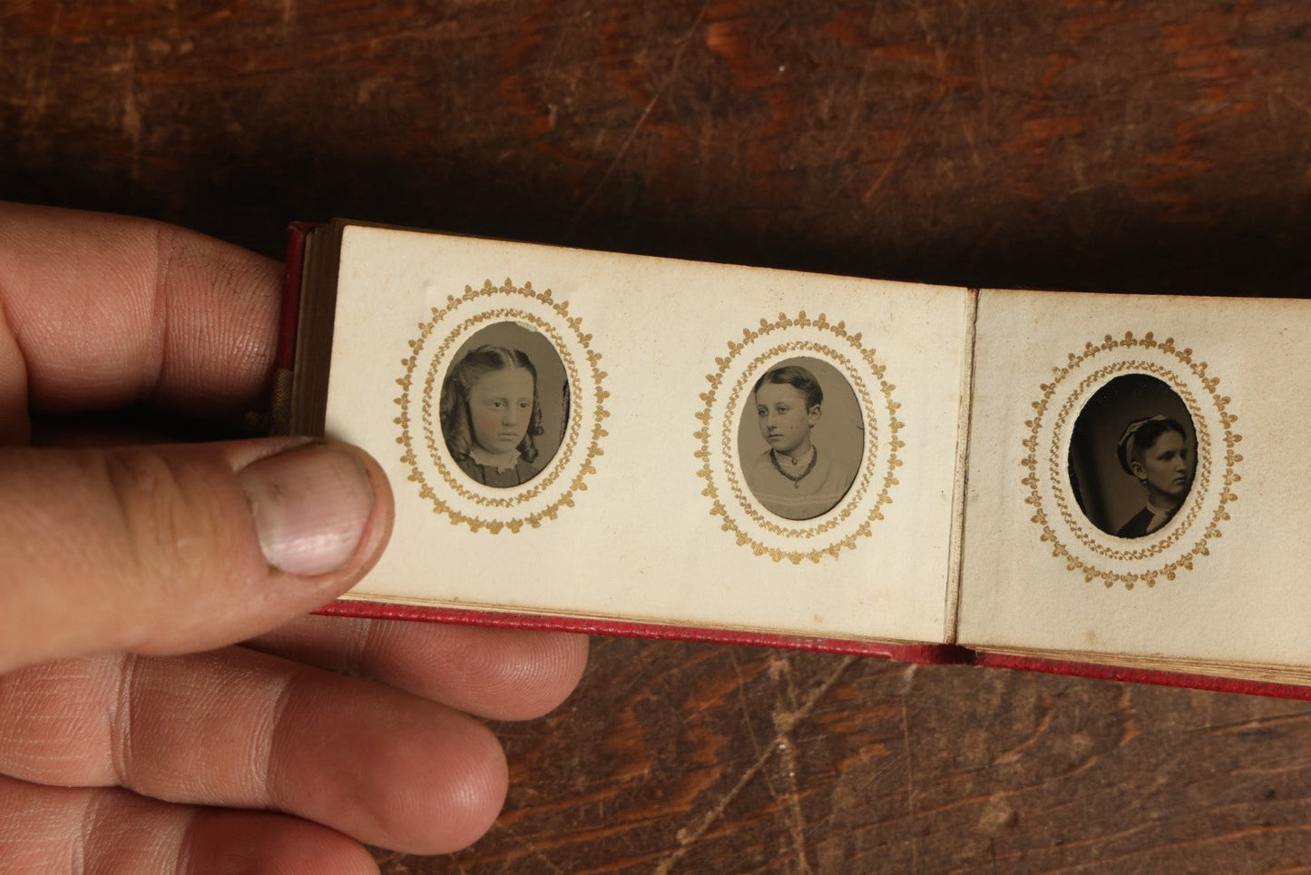 Lot 014 - Antique Gem Tintype Photo Album, Belonging To Ella Lo Whitney, From Her Teacher Sarah Barnard, Completely Full Containing 48 Photographs, Gold Embellishments On Cover