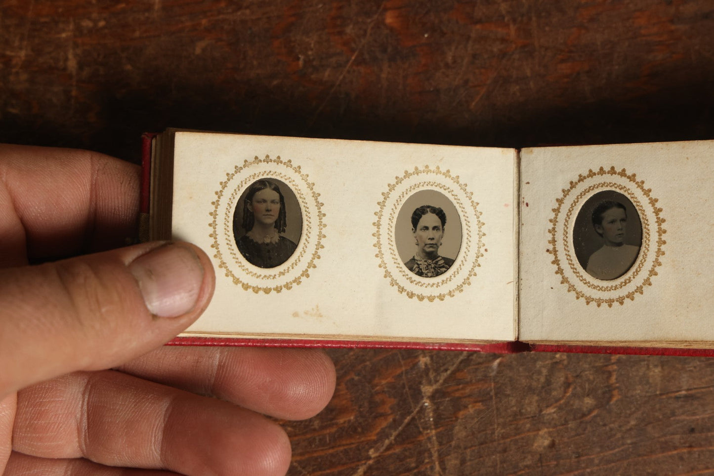 Lot 014 - Antique Gem Tintype Photo Album, Belonging To Ella Lo Whitney, From Her Teacher Sarah Barnard, Completely Full Containing 48 Photographs, Gold Embellishments On Cover