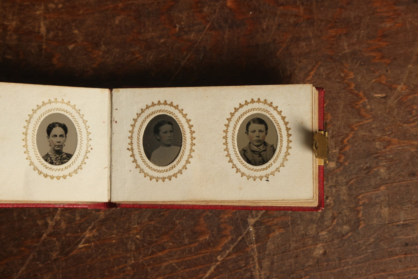 Lot 014 - Antique Gem Tintype Photo Album, Belonging To Ella Lo Whitney, From Her Teacher Sarah Barnard, Completely Full Containing 48 Photographs, Gold Embellishments On Cover