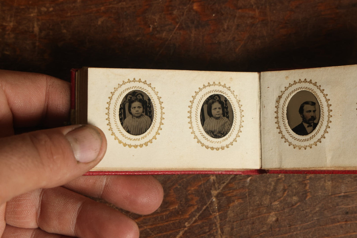 Lot 014 - Antique Gem Tintype Photo Album, Belonging To Ella Lo Whitney, From Her Teacher Sarah Barnard, Completely Full Containing 48 Photographs, Gold Embellishments On Cover