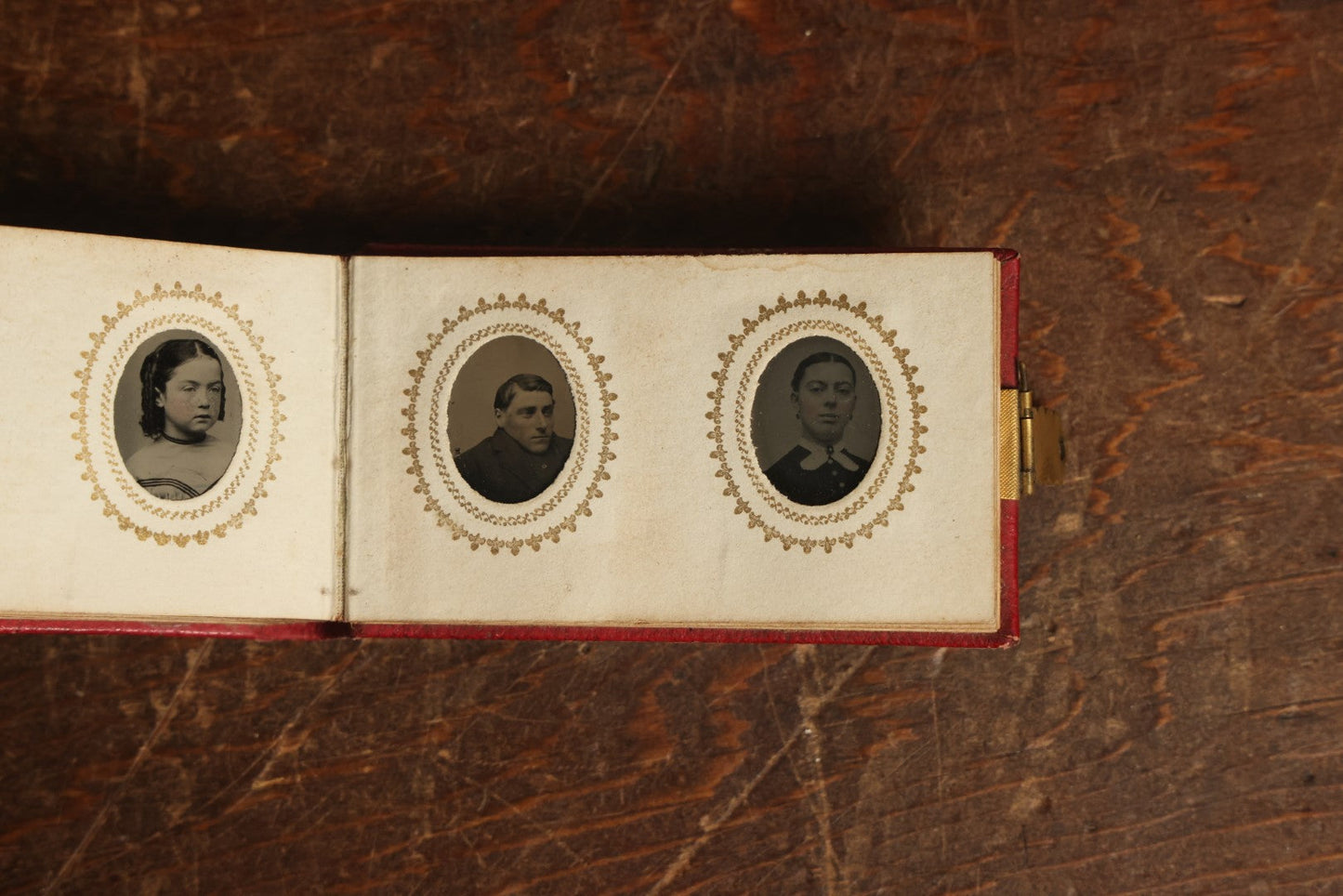 Lot 014 - Antique Gem Tintype Photo Album, Belonging To Ella Lo Whitney, From Her Teacher Sarah Barnard, Completely Full Containing 48 Photographs, Gold Embellishments On Cover