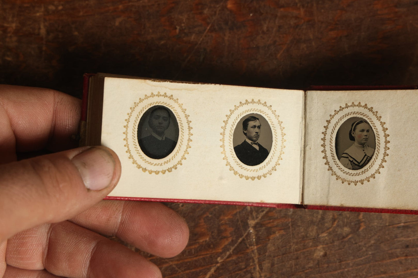 Lot 014 - Antique Gem Tintype Photo Album, Belonging To Ella Lo Whitney, From Her Teacher Sarah Barnard, Completely Full Containing 48 Photographs, Gold Embellishments On Cover