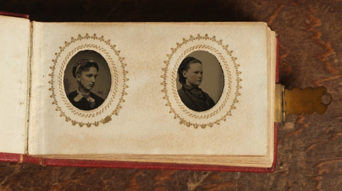 Lot 015 - Antique Gem Tintype Photo Album, Belonging To Clara A. Whitney, From Her Teacher Sarah Barnard, Completely Full Containing 48 Photographs