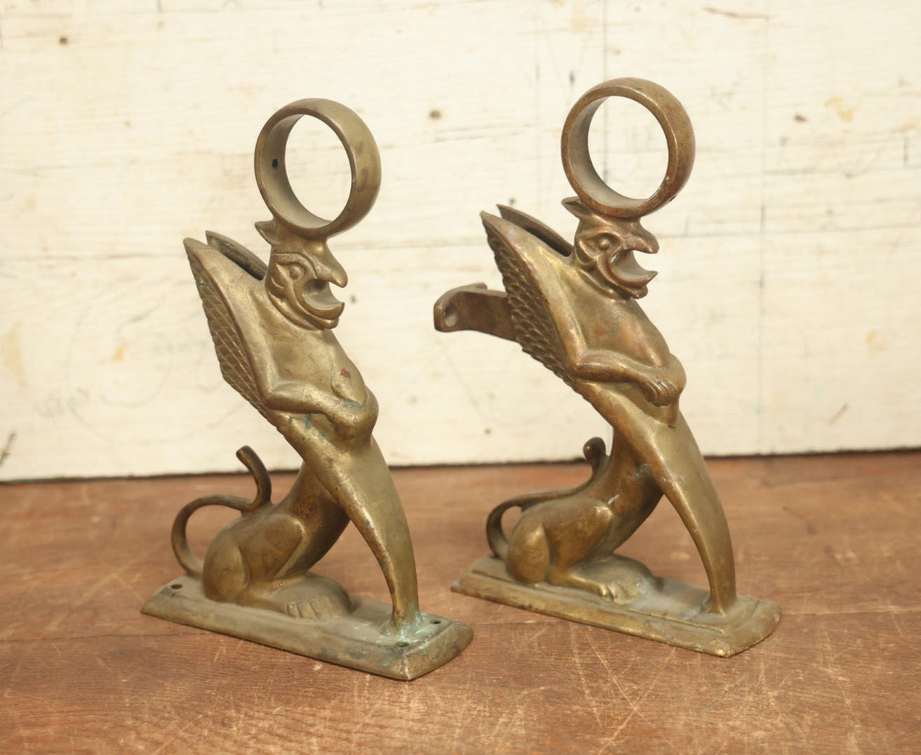 Lot 016 - Pair Of Antique Cast Brass Griffin Bar Foot Rail Mount Brackets, Reclaimed Decor