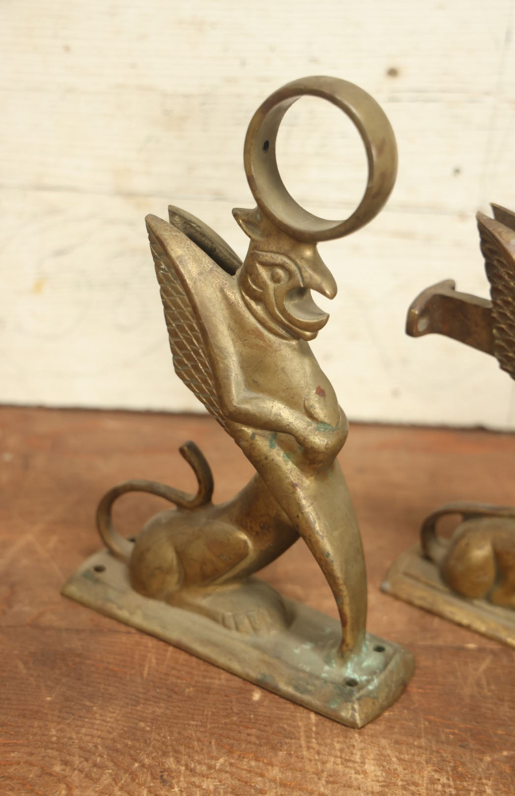 Lot 016 - Pair Of Antique Cast Brass Griffin Bar Foot Rail Mount Brackets, Reclaimed Decor