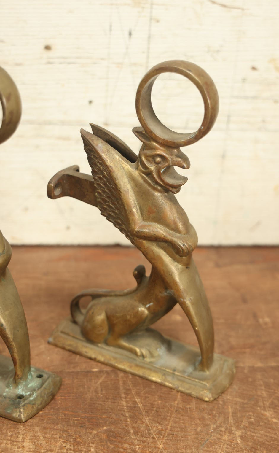 Lot 016 - Pair Of Antique Cast Brass Griffin Bar Foot Rail Mount Brackets, Reclaimed Decor