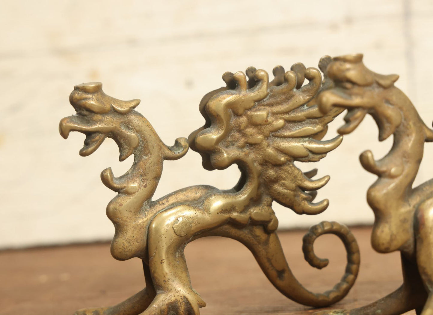 Lot 017 - Pair Of Antique Cast Brass Griffin Ornaments, Likely Were Once Candle Holders