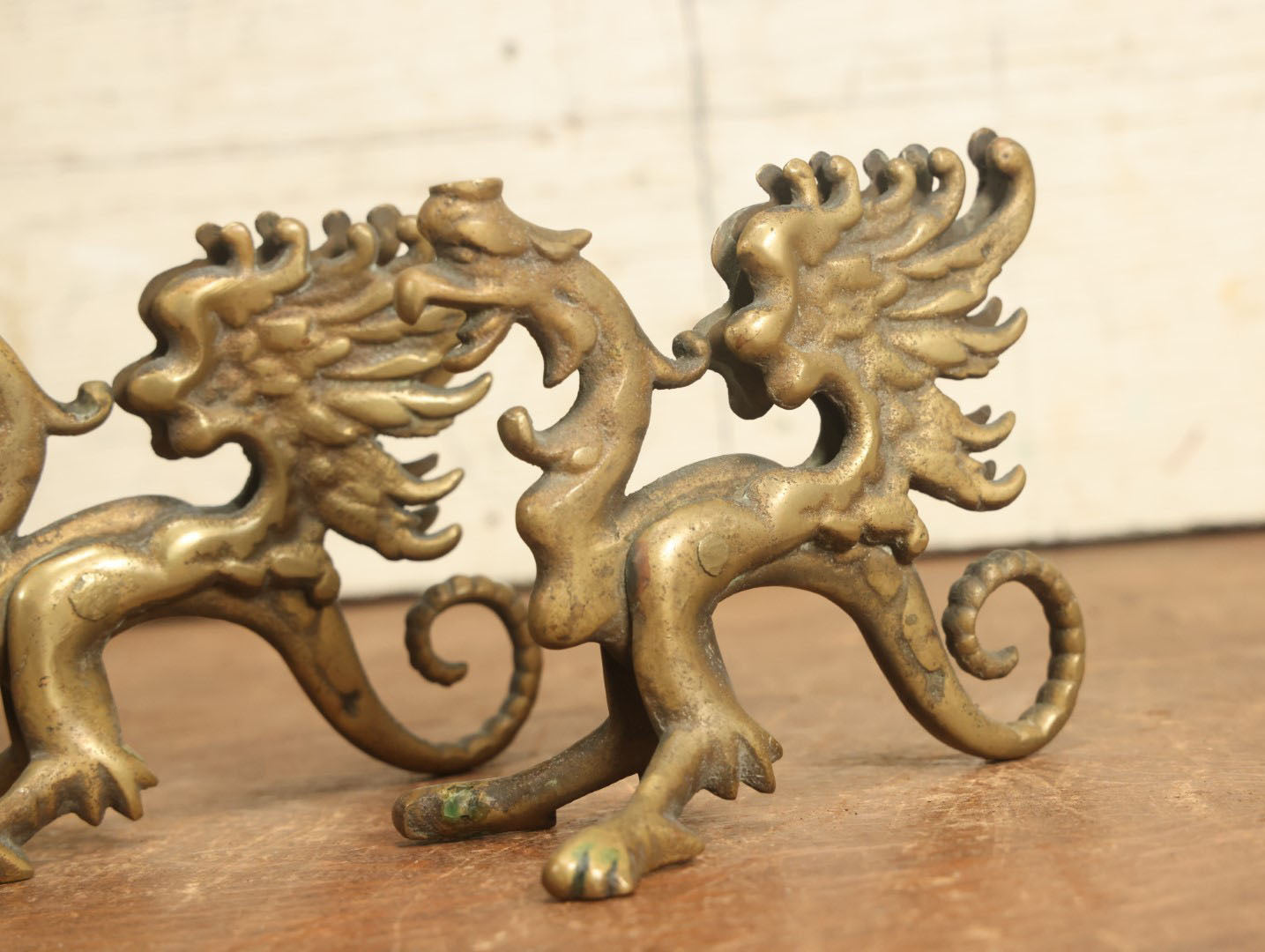 Lot 017 - Pair Of Antique Cast Brass Griffin Ornaments, Likely Were Once Candle Holders