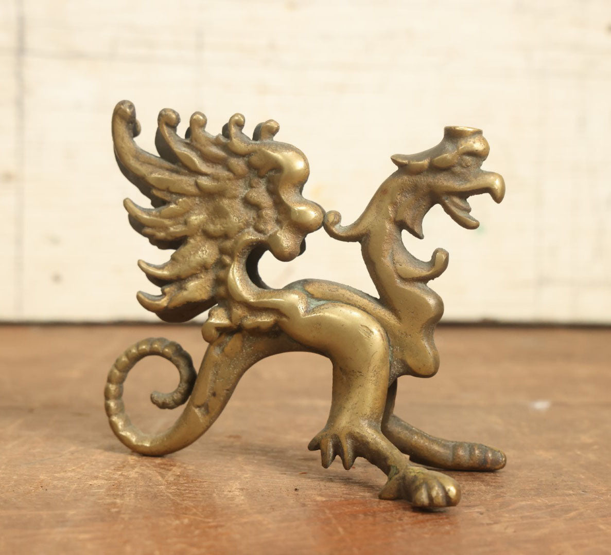 Lot 017 - Pair Of Antique Cast Brass Griffin Ornaments, Likely Were Once Candle Holders