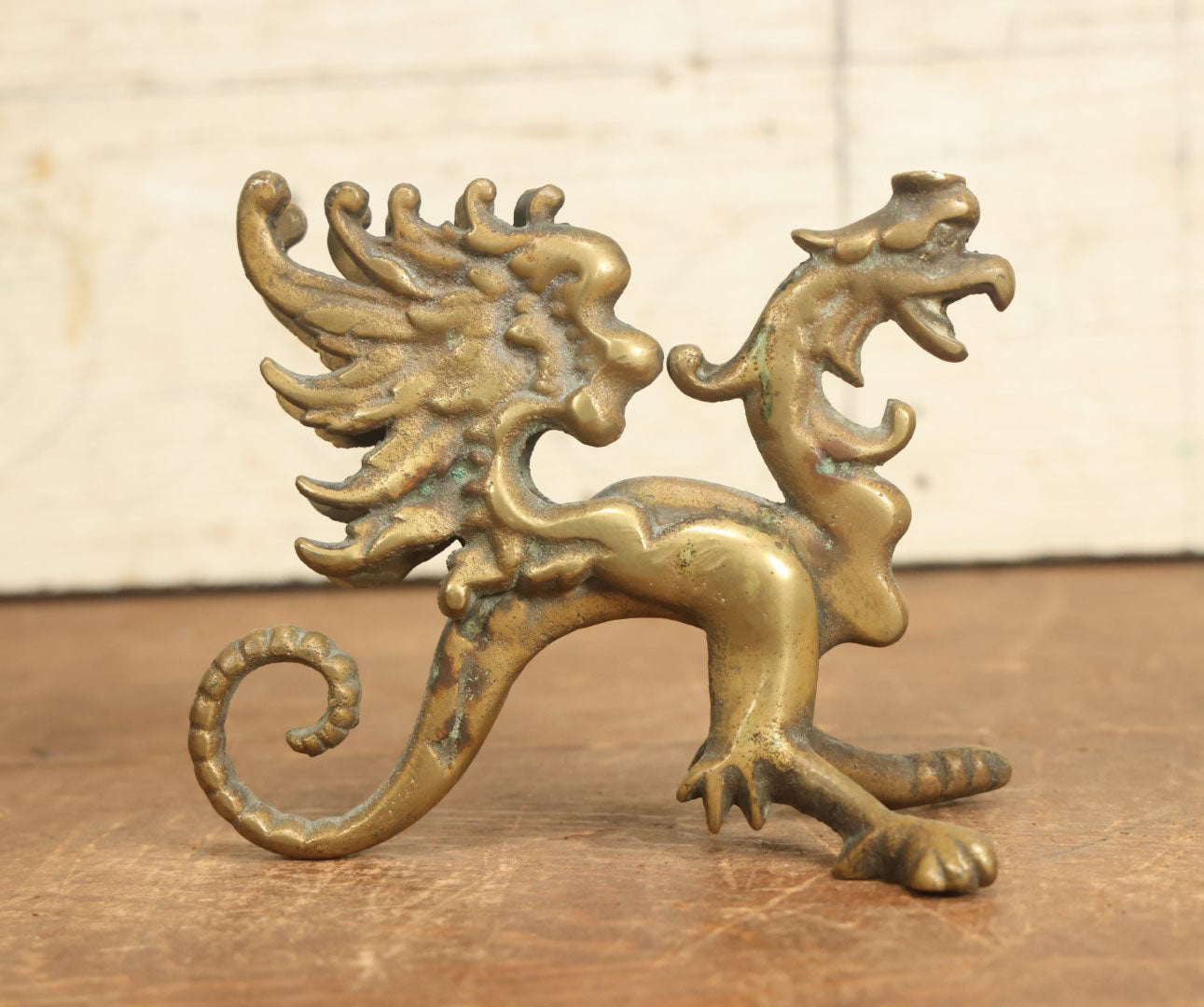 Lot 017 - Pair Of Antique Cast Brass Griffin Ornaments, Likely Were Once Candle Holders