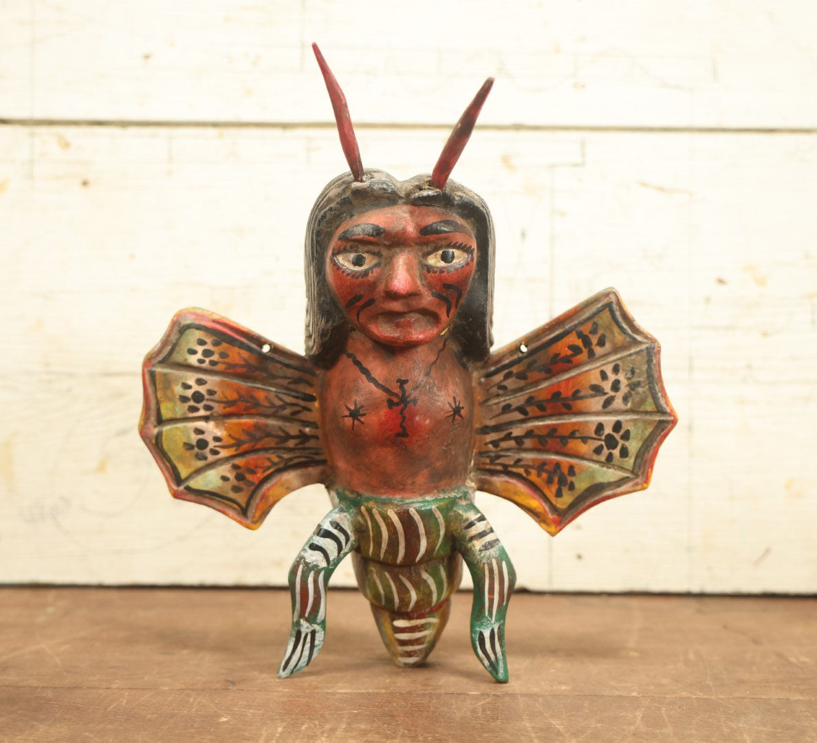 Lot 018 - Vintage Mexican Folk Art Butterfly Man Mask, Hand Carved And Hand Painted Wood, No String