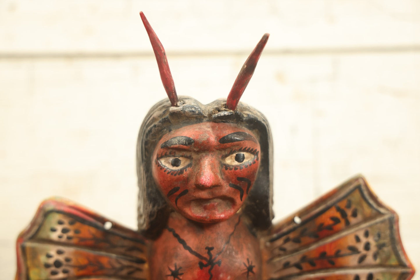 Lot 018 - Vintage Mexican Folk Art Butterfly Man Mask, Hand Carved And Hand Painted Wood, No String