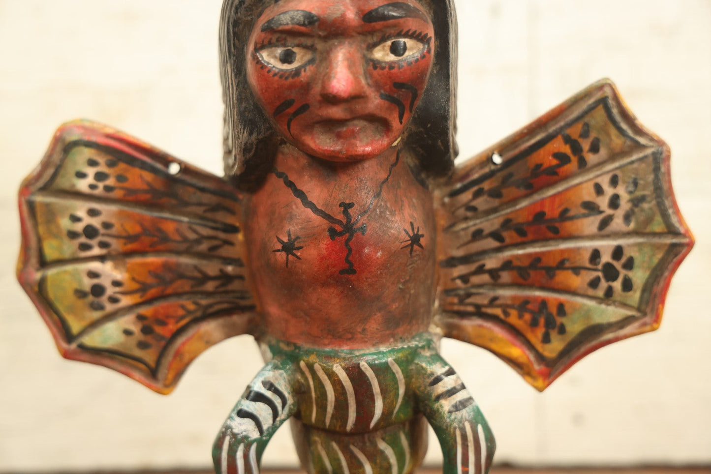 Lot 018 - Vintage Mexican Folk Art Butterfly Man Mask, Hand Carved And Hand Painted Wood, No String