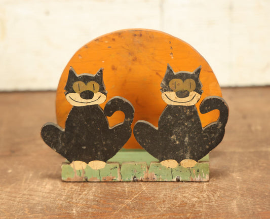 Lot 019 - Vintage Folk Art Napkin Holder, Two Cats Sitting In Front Of Yellow Moon, Scroll Cut Hand Painted Wood