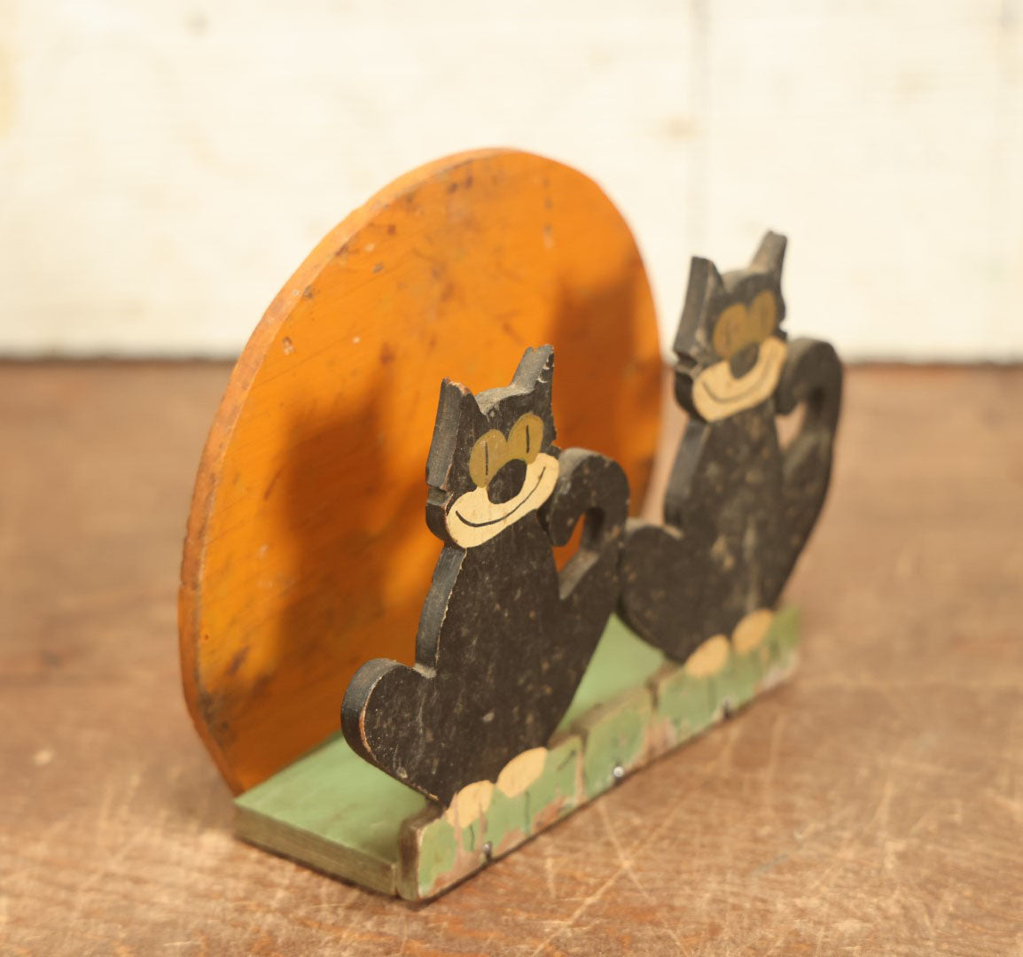 Lot 019 - Vintage Folk Art Napkin Holder, Two Cats Sitting In Front Of Yellow Moon, Scroll Cut Hand Painted Wood