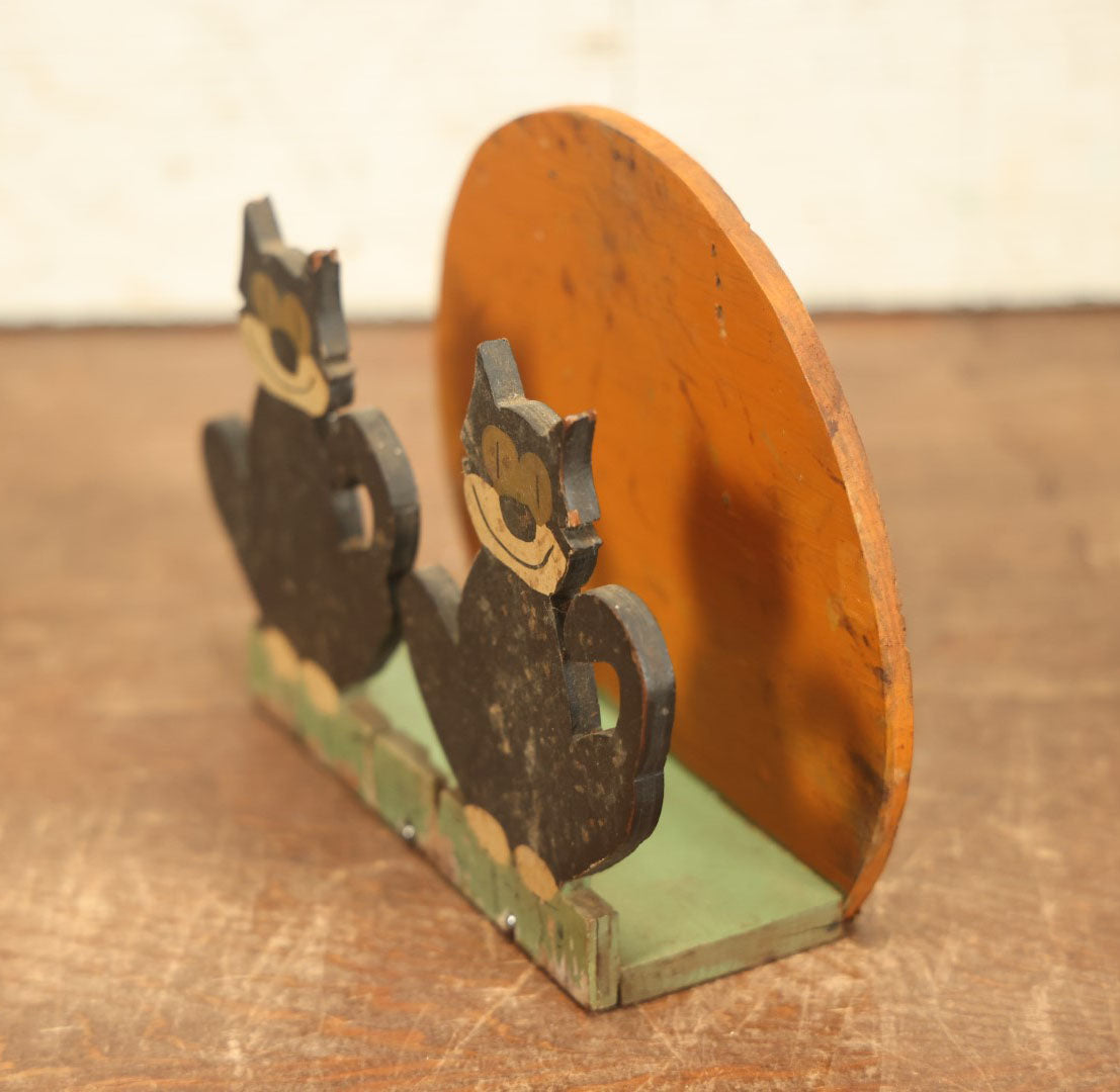 Lot 019 - Vintage Folk Art Napkin Holder, Two Cats Sitting In Front Of Yellow Moon, Scroll Cut Hand Painted Wood