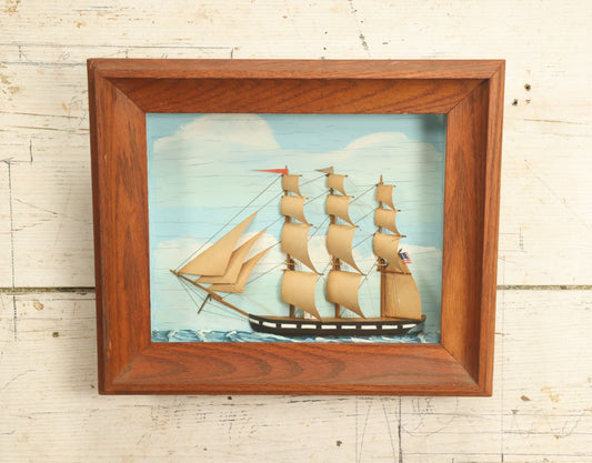 Lot 020 - Vintage Folk Art Shadow Box Clipper Ship Sail Boat Diorama, Not Antique