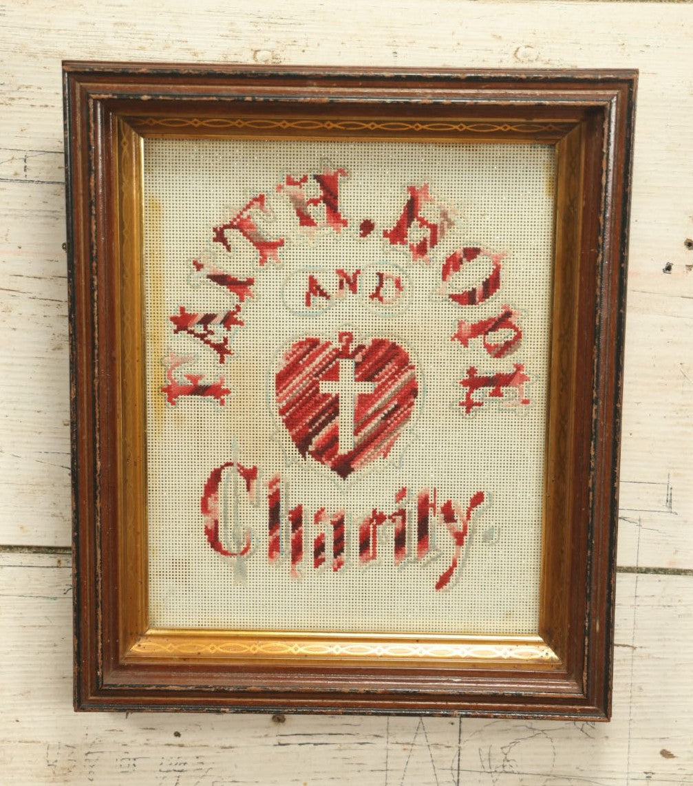 Lot 025 - Antique Faith, Hope, And Charity Punchwork Religious Embroidery In Deep Frame, With Heart And Cross At Center