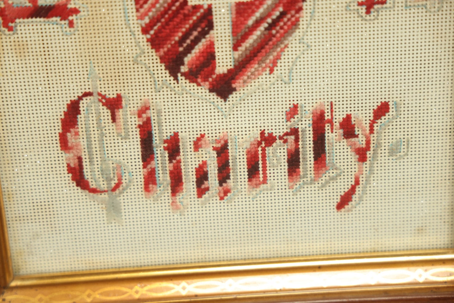 Lot 025 - Antique Faith, Hope, And Charity Punchwork Religious Embroidery In Deep Frame, With Heart And Cross At Center