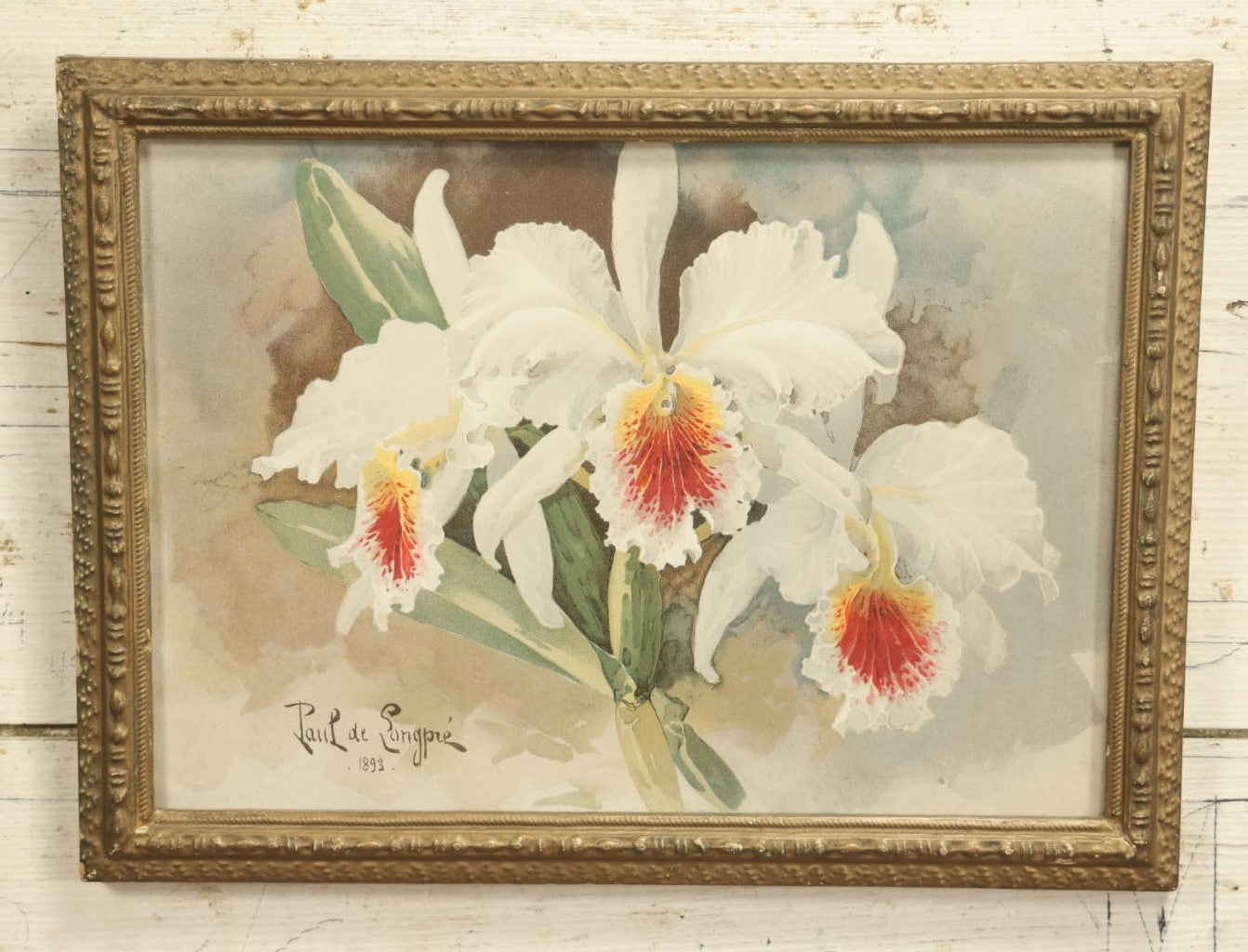 Lot 026 - Antique Chromolithograph, White Orchids By Paul De Longpre (French, 1855-1911) In Frame