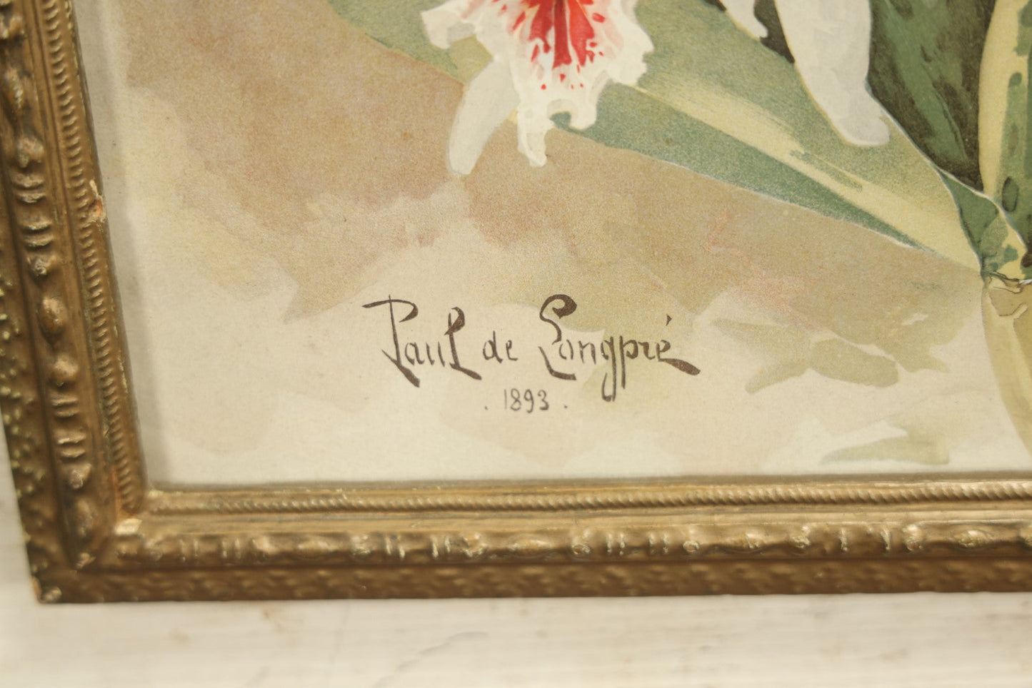 Lot 026 - Antique Chromolithograph, White Orchids By Paul De Longpre (French, 1855-1911) In Frame