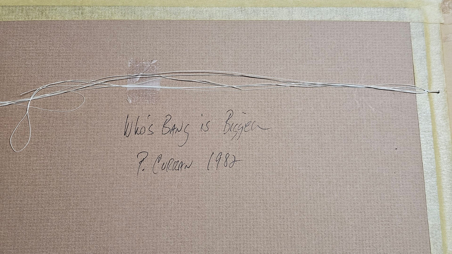 Lot 027 - Vintage Outsider Art Original Caricature Featuring Naked Man With Rocket In Crotch, A Lecherous Albert Einstein, A Blow Up Doll, And More, Titled "Who's Bang Is Bigger?" Signed P. Curran, 1982