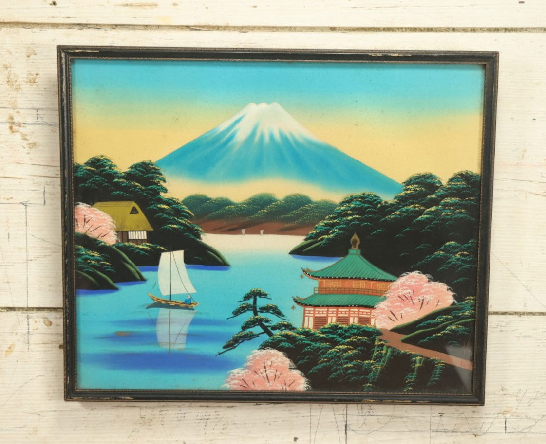 Lot 029 - Vintage Japanese Painting On Silk Of Mount Fuji In Black Frame 