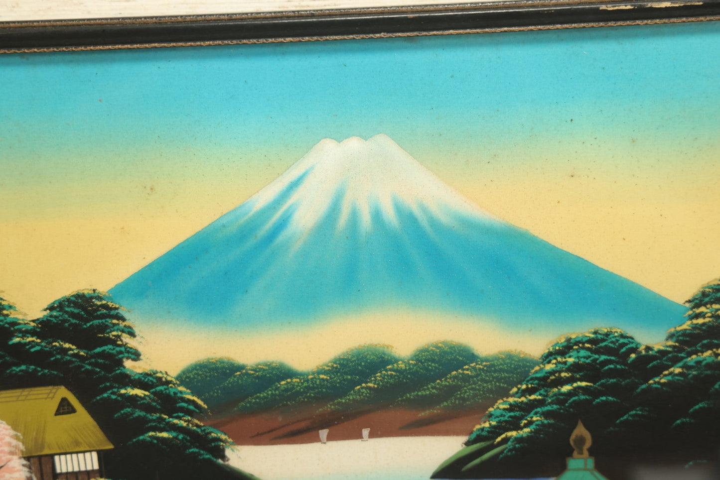 Lot 029 - Vintage Japanese Painting On Silk Of Mount Fuji In Black Frame