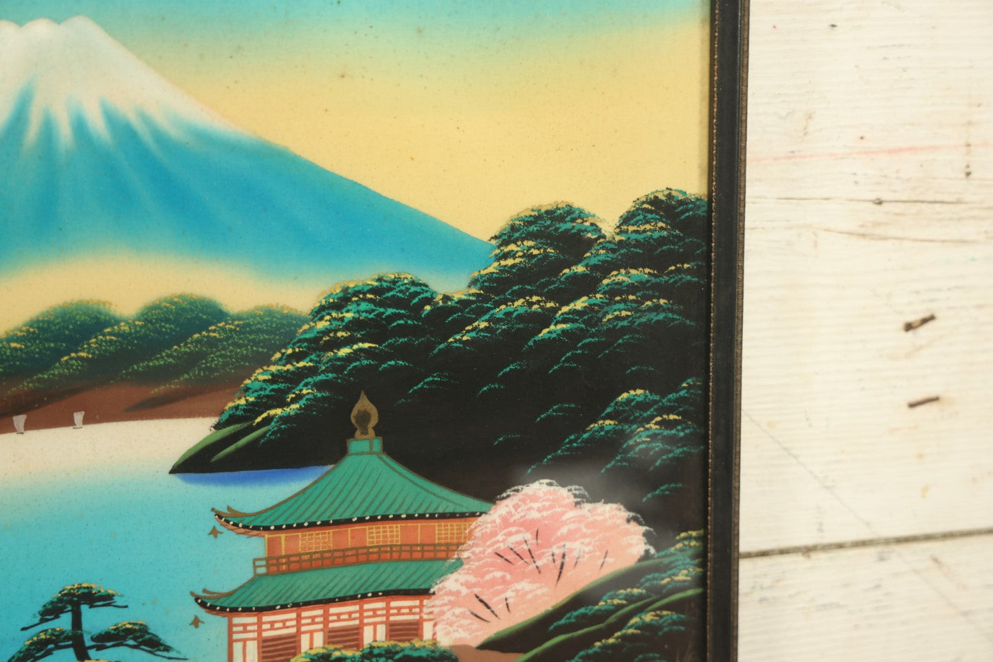 Lot 029 - Vintage Japanese Painting On Silk Of Mount Fuji In Black Frame