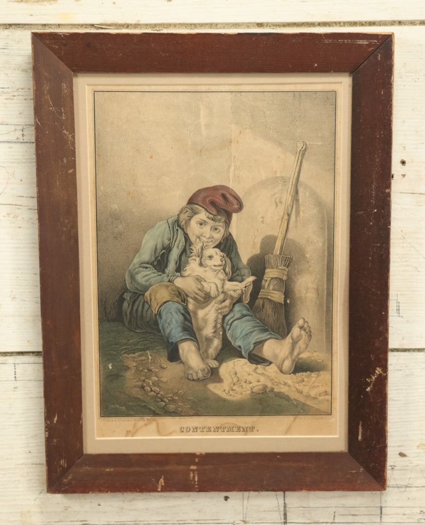 Lot 030 - Antique Hand Colored Lithograph Of Little Boy And His Puppy, Titled "Contentment," Kellogg Brothers Lithograph, Connecticut