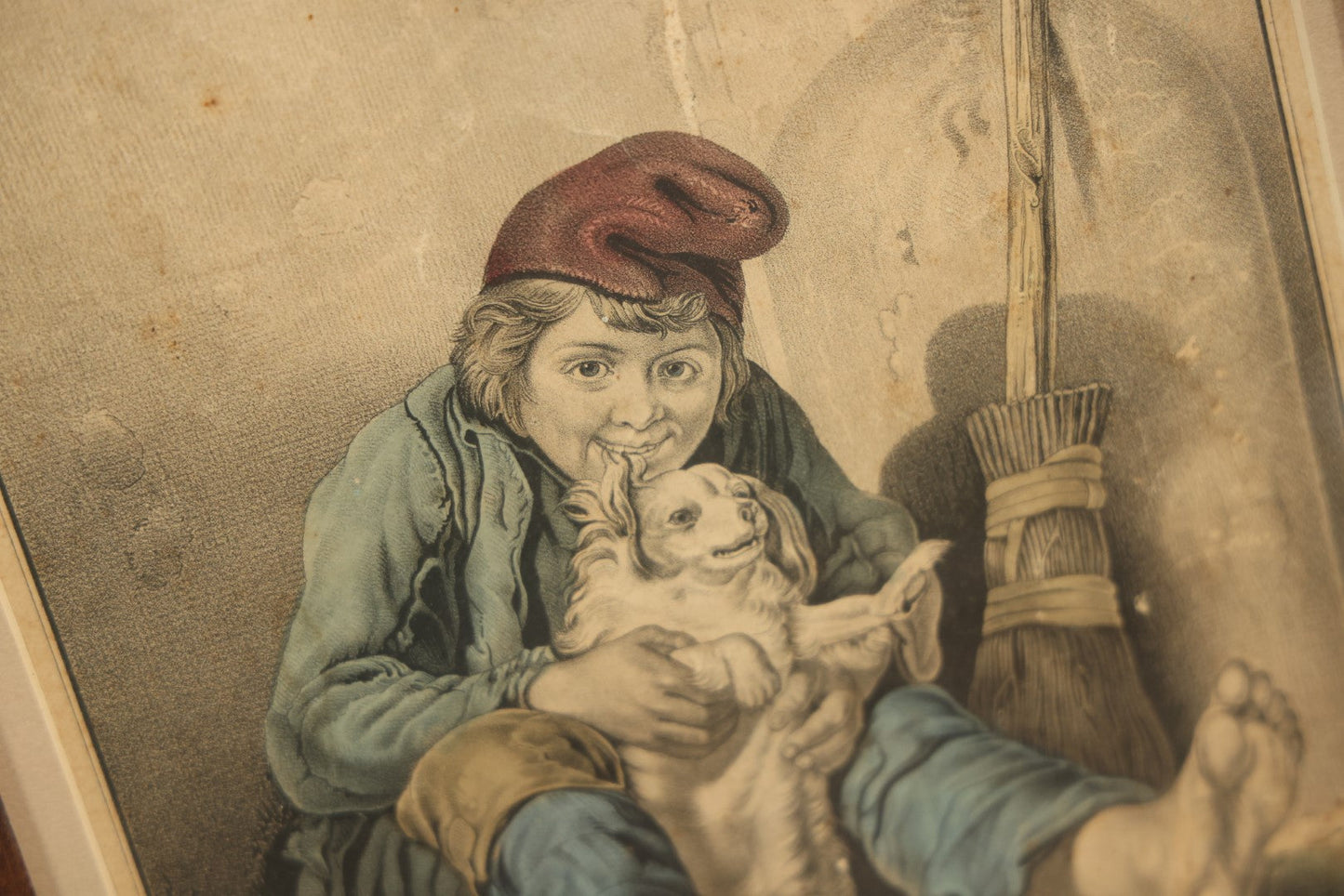 Lot 030 - Antique Hand Colored Lithograph Of Little Boy And His Puppy, Titled "Contentment," Kellogg Brothers Lithograph, Connecticut