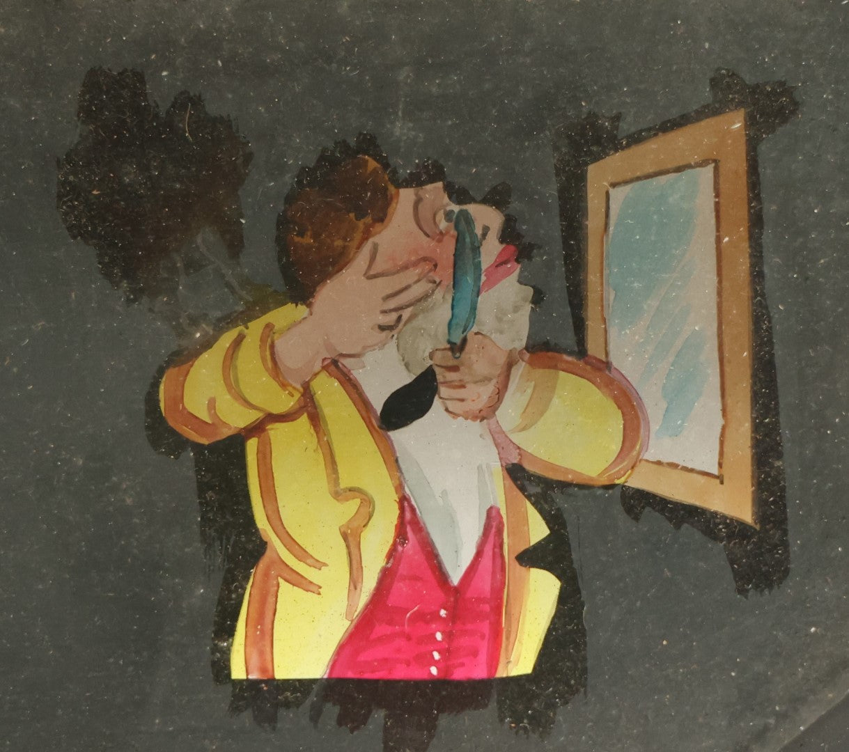 Lot 038 - Antique Hand Painted Animated Magic Lantern Motion Slide, Shaving Man Cuts Face When Cat Scares Him