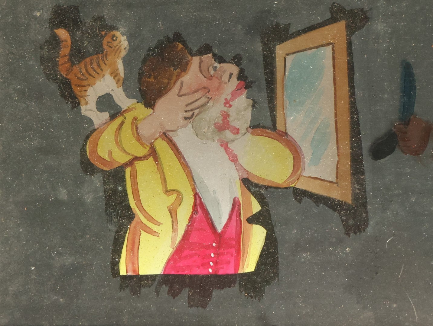 Lot 038 - Antique Hand Painted Animated Magic Lantern Motion Slide, Shaving Man Cuts Face When Cat Scares Him