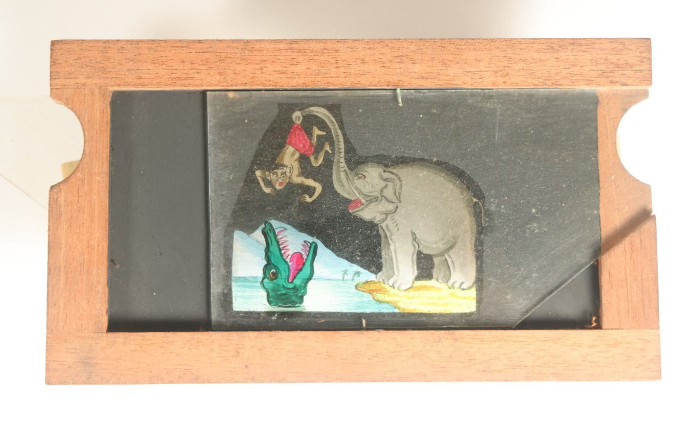 Lot 039 - Antique Hand Painted Animated Magic Lantern Motion Slide, Elephant Feeding Monkey To Crocodile