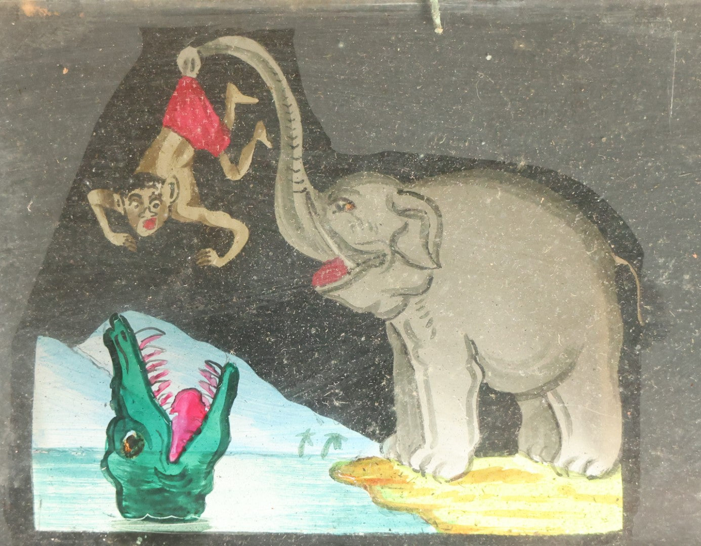 Lot 039 - Antique Hand Painted Animated Magic Lantern Motion Slide, Elephant Feeding Monkey To Crocodile