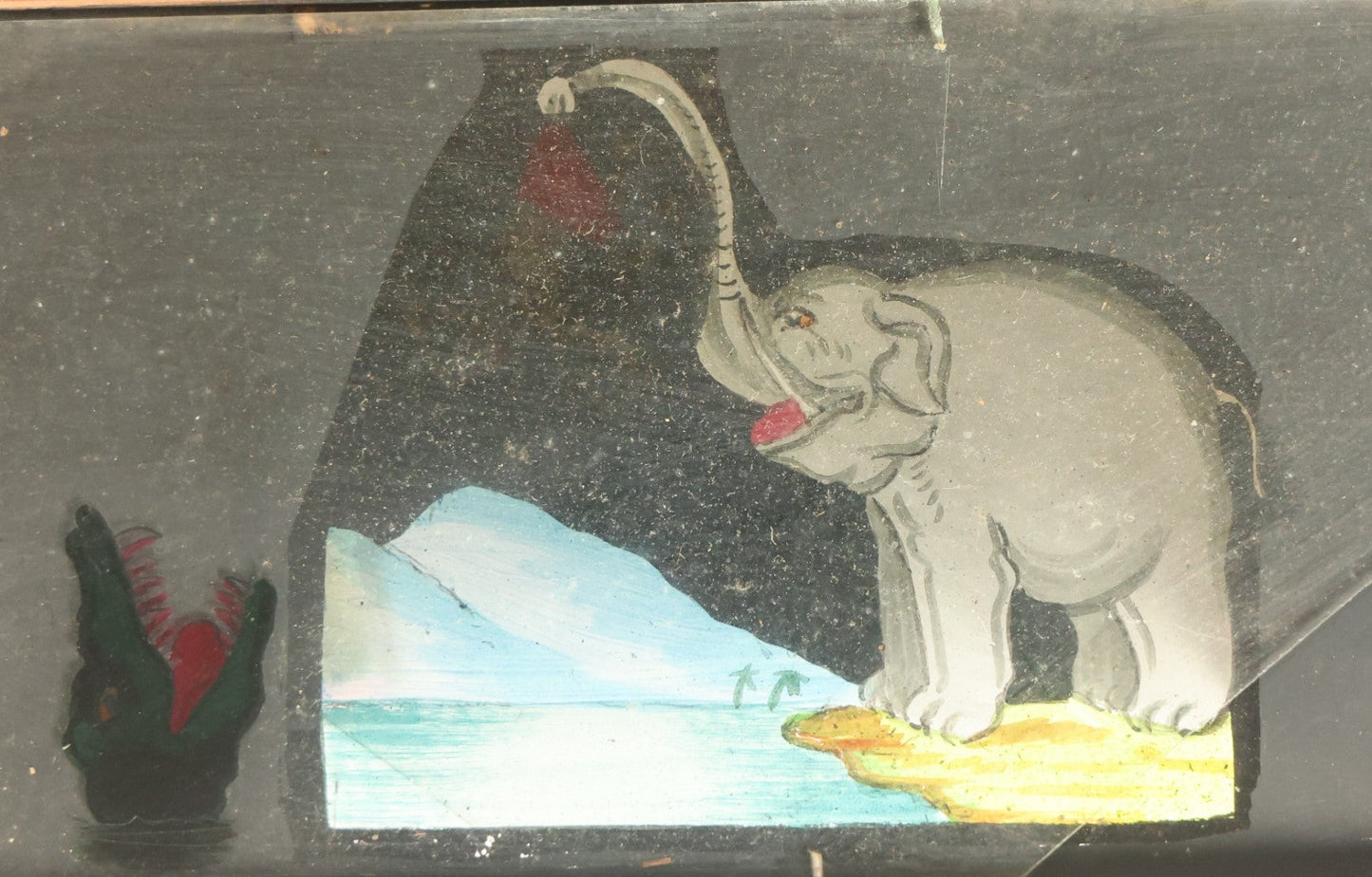 Lot 039 - Antique Hand Painted Animated Magic Lantern Motion Slide, Elephant Feeding Monkey To Crocodile