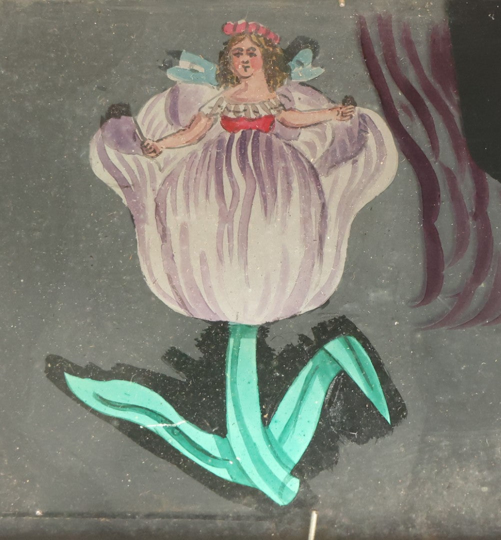 Lot 040 - Antique Hand Painted Animated Magic Lantern Motion Slide, Fairy Flower Lady Blooming Out Of Flower