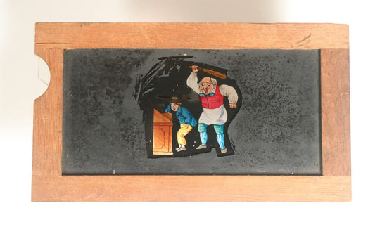 Lot 041 - Antique Hand Painted Animated Magic Lantern Motion Slide, Shopkeeper Batting Boy Stealing