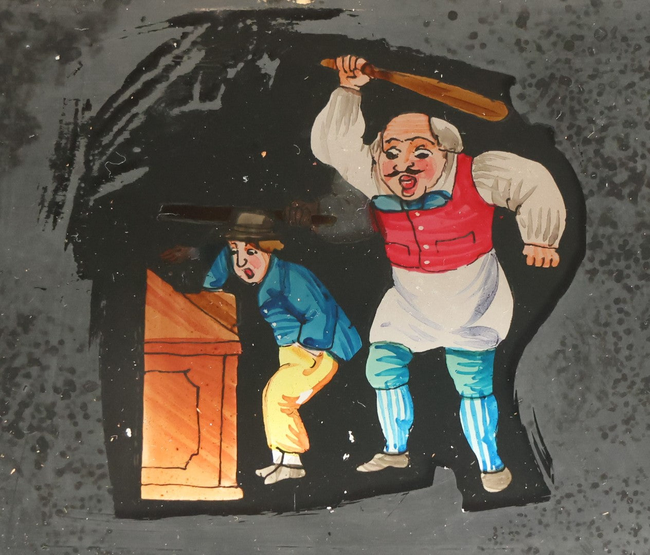 Lot 041 - Antique Hand Painted Animated Magic Lantern Motion Slide, Shopkeeper Batting Boy Stealing