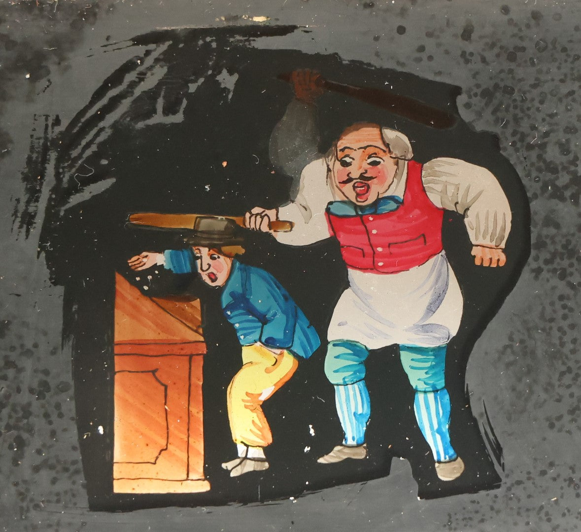 Lot 041 - Antique Hand Painted Animated Magic Lantern Motion Slide, Shopkeeper Batting Boy Stealing