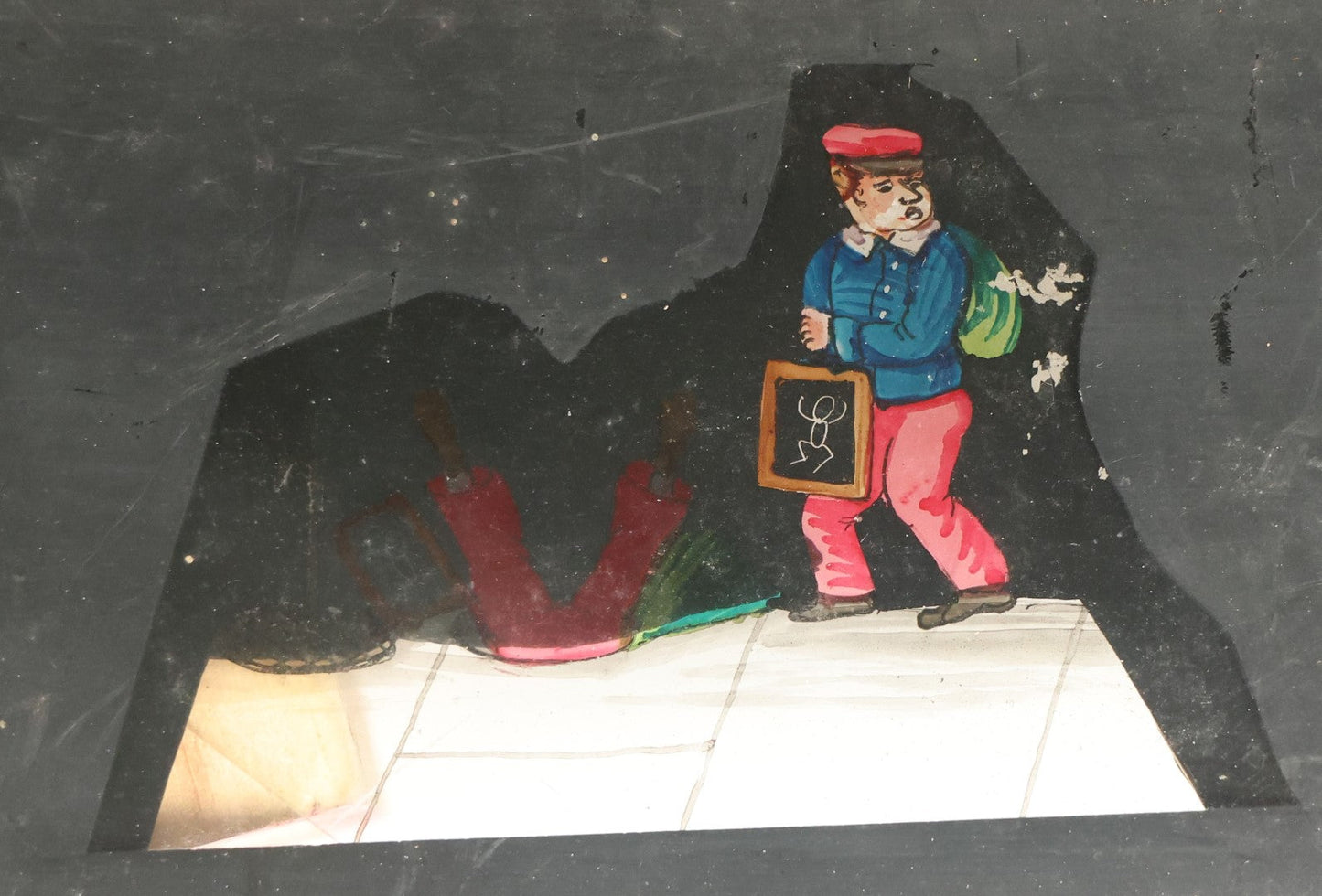 Lot 042 - Antique Hand Painted Animated Magic Lantern Motion Slide, Schoolboy With Chalk Tablet Falls Down Open Manhole