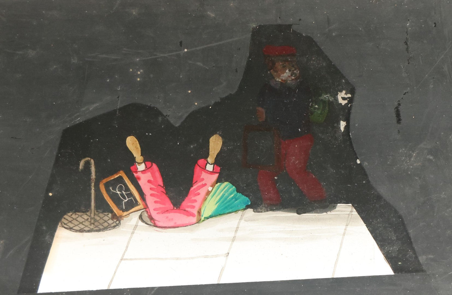 Lot 042 - Antique Hand Painted Animated Magic Lantern Motion Slide, Schoolboy With Chalk Tablet Falls Down Open Manhole